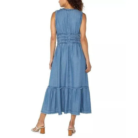 Liverpool Los Angeles Chambray Frayed‑Trim Maxi Dress – Size XS – NWT – $129 - Picture 2 of 5